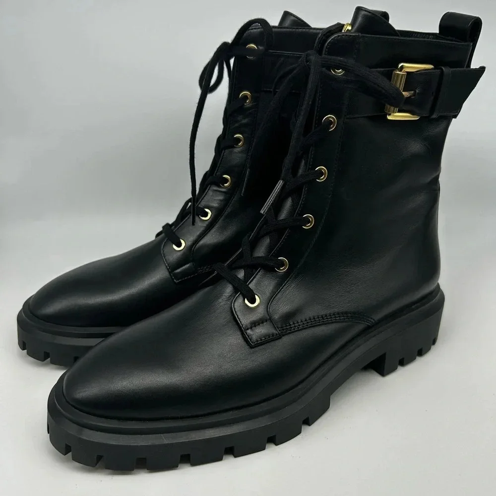 Stuart Weitzman Ultra Lug Black Combat boots Gold Buckles  size 10.5  new